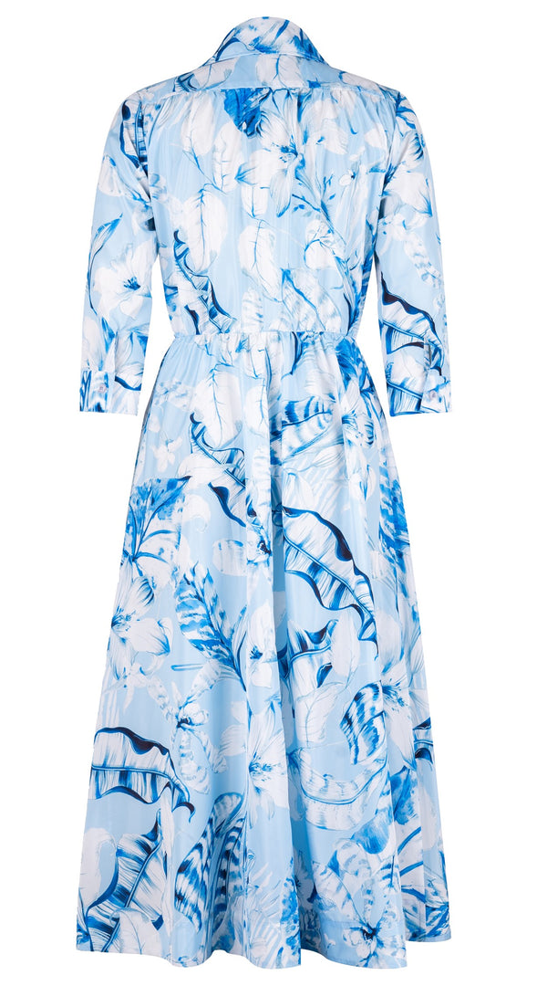 Terry Dress Shirt Collar 3/4 Sleeve Midi Plus Length Silk Taffta (Botanic Santuary Pastel)