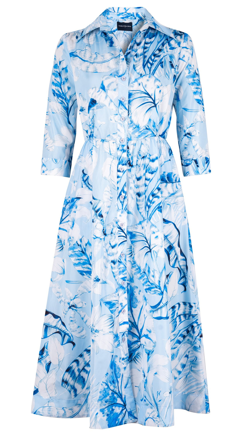 Terry Dress Shirt Collar 3/4 Sleeve Midi Plus Length Silk Taffta (Botanic Santuary Pastel)