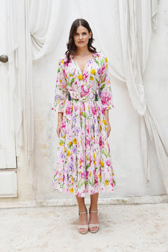 Eva Dress Crew Neck 3/4 Sleeve Midi Length Cotton Musola (Botanic Wallpaper)