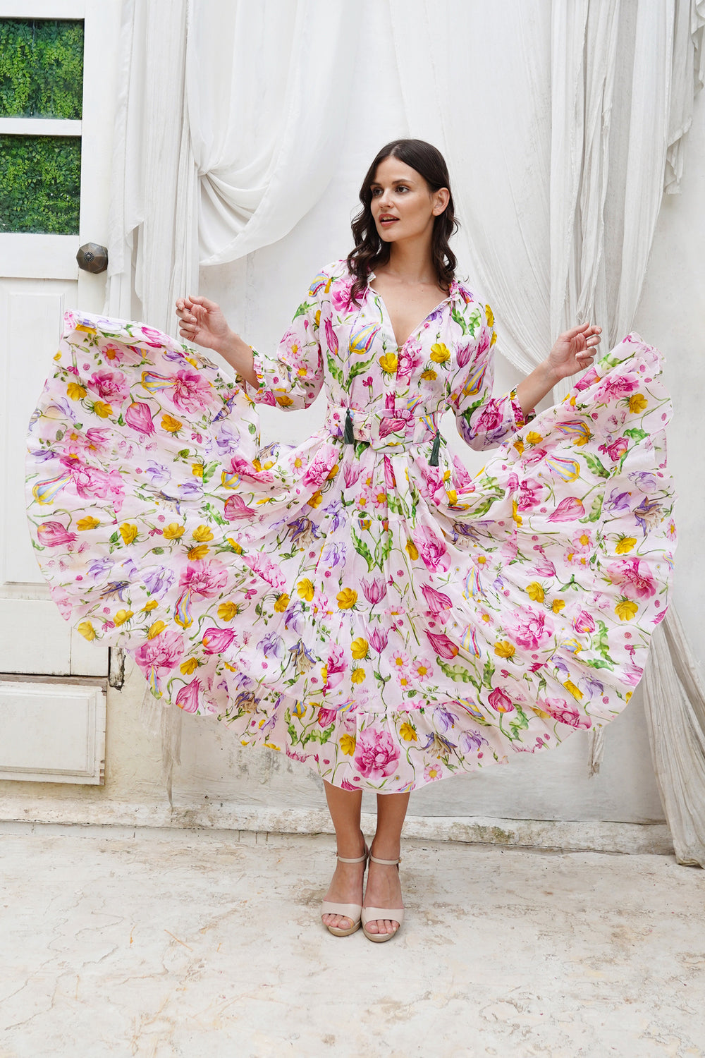 Eva Dress Crew Neck 3/4 Sleeve Midi Length Cotton Musola (Botanic Wallpaper)