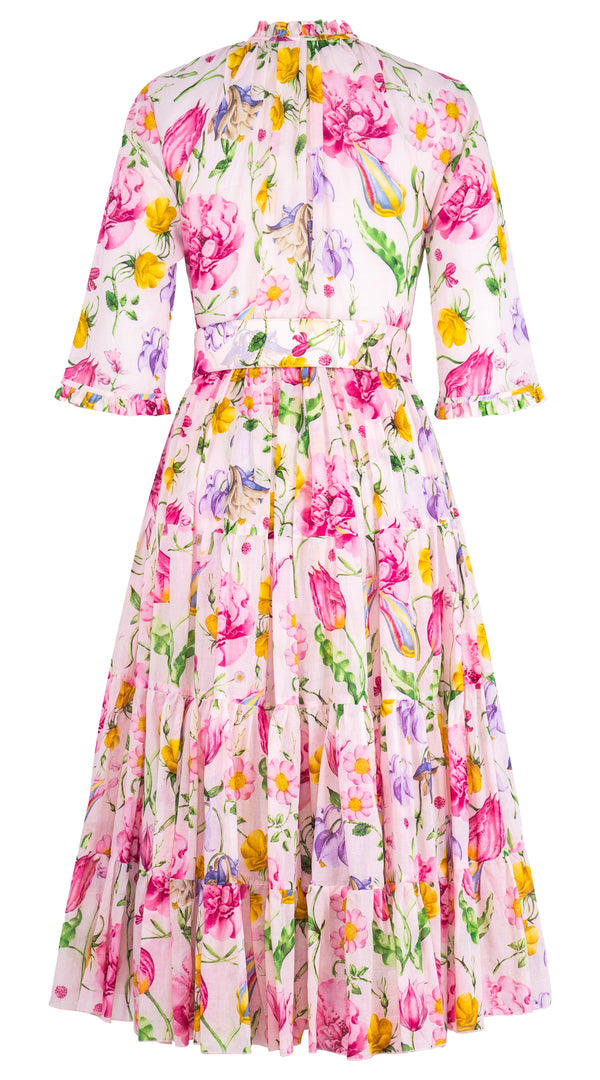 Eva Dress Crew Neck 3/4 Sleeve Midi Length Cotton Musola (Botanic Wallpaper)