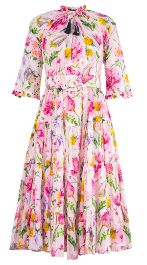 Eva Dress Crew Neck 3/4 Sleeve Midi Length Cotton Musola (Botanic Wallpaper)