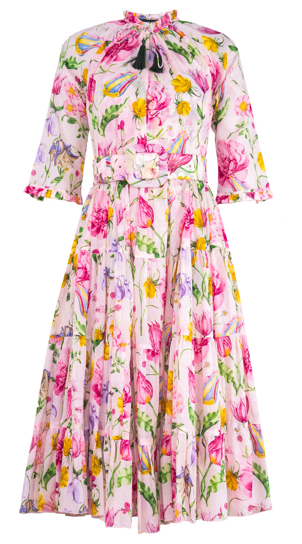 Eva Dress Crew Neck 3/4 Sleeve Midi Length Cotton Musola (Botanic Wallpaper)