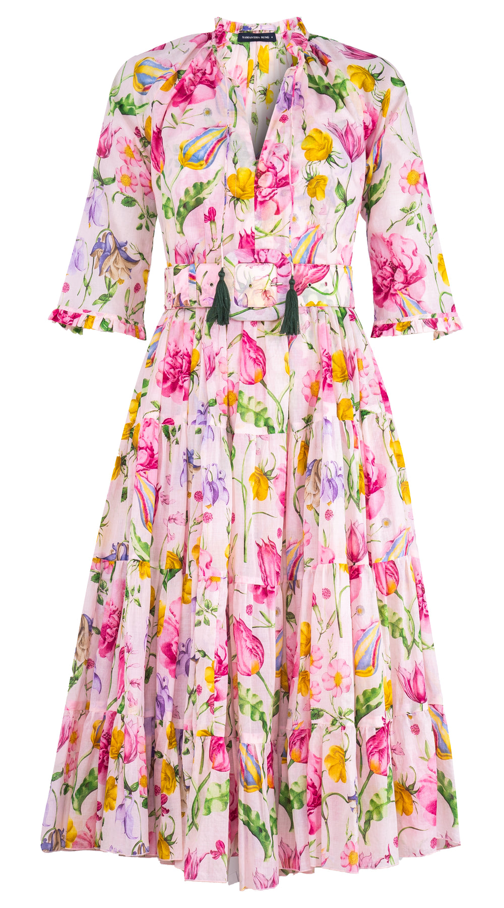 Eva Dress Crew Neck 3/4 Sleeve Midi Length Cotton Musola (Botanic Wallpaper)