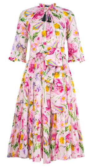 Eva Dress Crew Neck 3/4 Sleeve Midi Length Cotton Musola (Botanic Wallpaper)