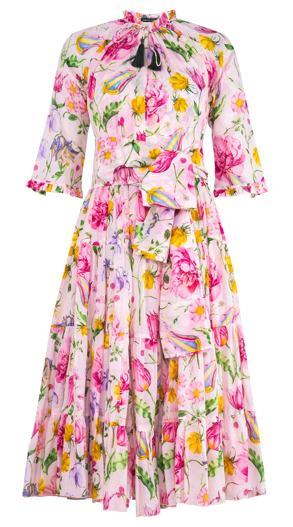 Eva Dress Crew Neck 3/4 Sleeve Midi Length Cotton Musola (Botanic Wallpaper)