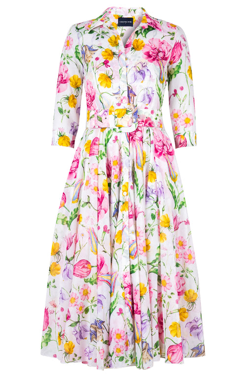 Aster Dress Shirt Collar 3/4 Sleeve Midi Length Cotton Musola (Botanic Wallpaper)