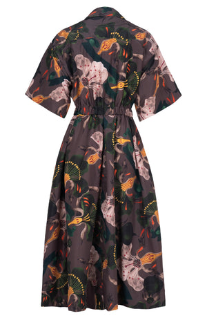 Helena Dress Shirt Collar 3/4 Sleeve Midi Plus Length Poliamide Taffta (Botanical Ornament)