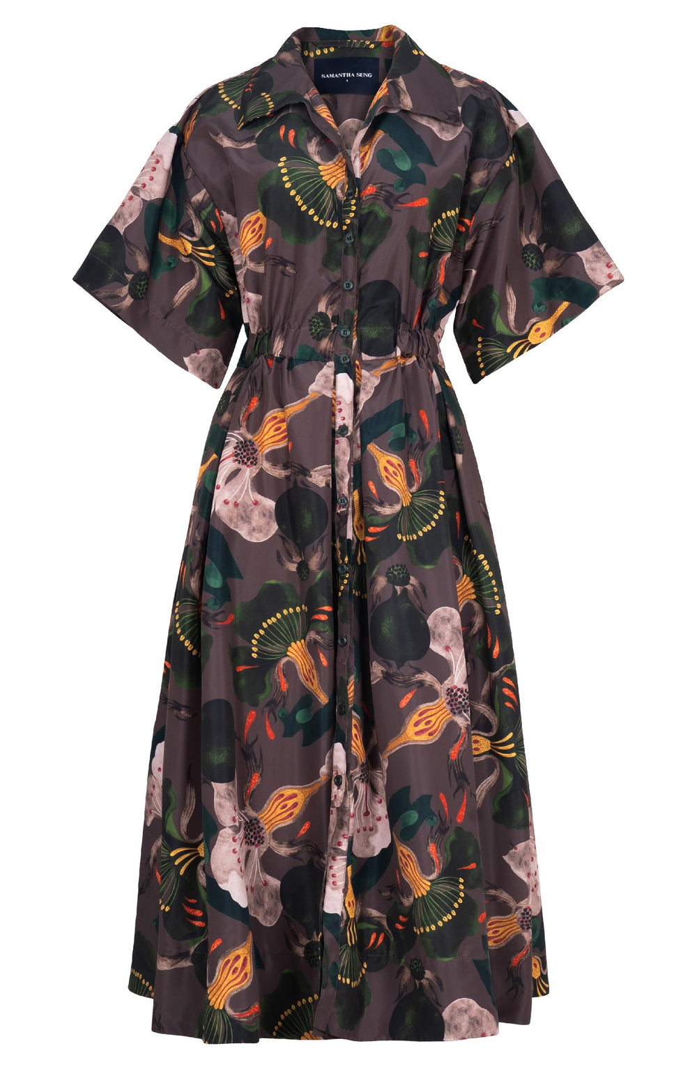 Helena Dress Shirt Collar 3/4 Sleeve Midi Plus Length Poliamide Taffta (Botanical Ornament)