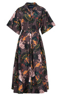 Helena Dress Shirt Collar 3/4 Sleeve Midi Plus Length Poliamide Taffta (Botanical Ornament)