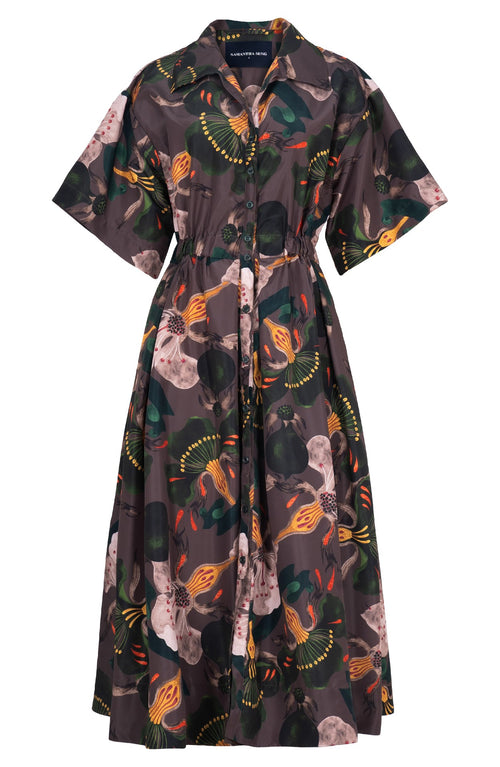 Helena Dress Shirt Collar 3/4 Sleeve Midi Plus Length Poliamide Taffta (Botanical Ornament)
