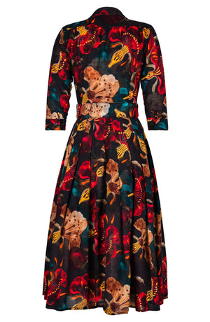 Audrey Dress #4 Shirt Collar 3/4 Sleeve Midi Length Wool (Botanical Ornament) - Sepia Red