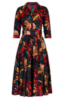 Audrey Dress #4 Shirt Collar 3/4 Sleeve Midi Length Wool (Botanical Ornament) - Sepia Red