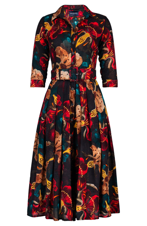 Audrey Dress #4 Shirt Collar 3/4 Sleeve Midi Length Wool (Botanical Ornament) - Sepia Red