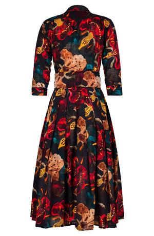 Audrey Dress #4 Shirt Collar 3/4 Sleeve Midi Length Wool (Botanical Ornament) - Sepia Red