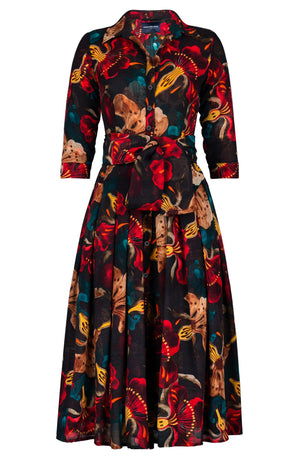 Audrey Dress #4 Shirt Collar 3/4 Sleeve Midi Length Wool (Botanical Ornament) - Sepia Red