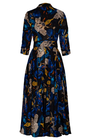 Aster Dress Shirt Collar 3/4 Sleeve Midi Plus Length Wool (Botanical Ornament) - Black Blue