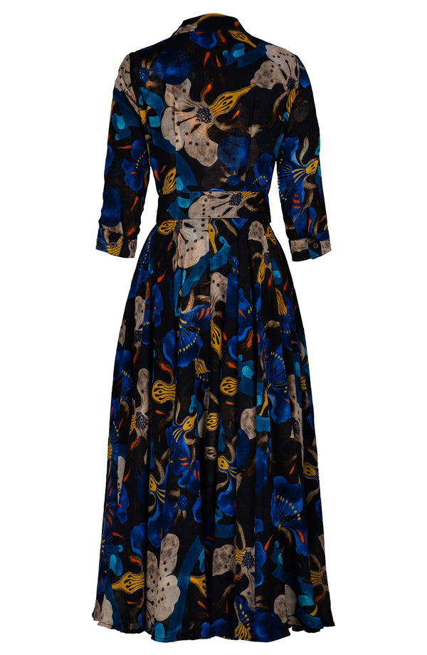Aster Dress Shirt Collar 3/4 Sleeve Midi Plus Length Wool (Botanical Ornament) - Black Blue