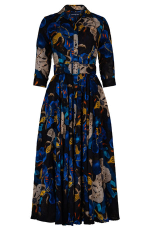 Aster Dress Shirt Collar 3/4 Sleeve Midi Plus Length Wool (Botanical Ornament) - Black Blue