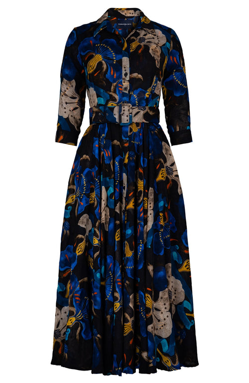 Aster Dress Shirt Collar 3/4 Sleeve Midi Plus Length Wool (Botanical Ornament) - Black Blue