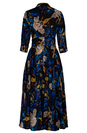 Aster Dress Shirt Collar 3/4 Sleeve Midi Plus Length Wool (Botanical Ornament) - Black Blue