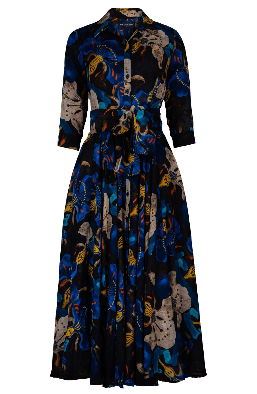 Aster Dress Shirt Collar 3/4 Sleeve Midi Plus Length Wool (Botanical Ornament) - Black Blue