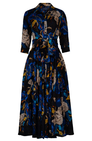 Aster Dress Shirt Collar 3/4 Sleeve Midi Plus Length Wool (Botanical Ornament) - Black Blue