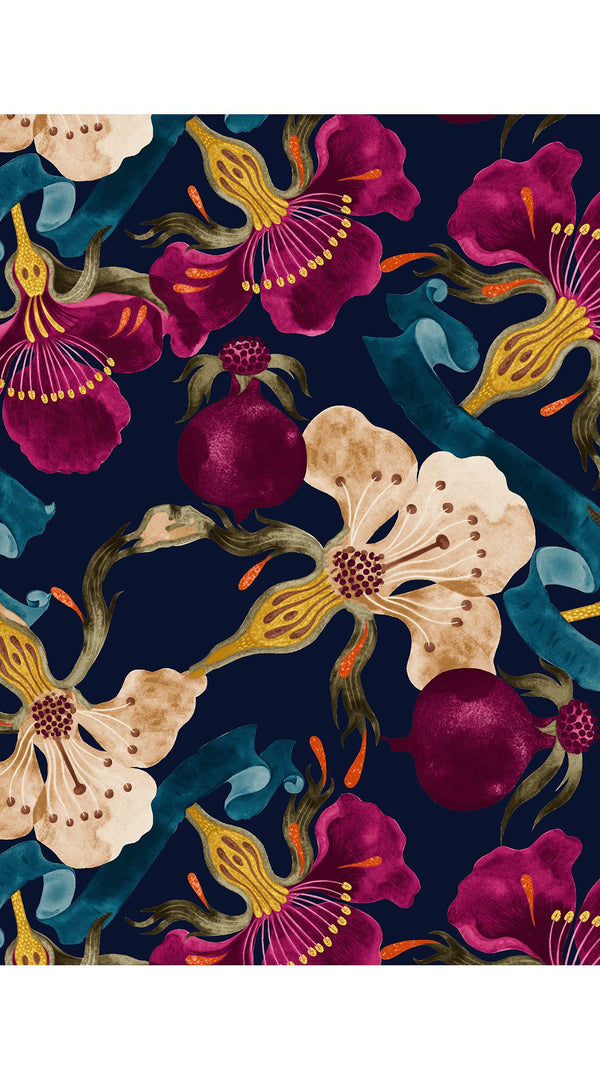 Audrey Dress #7 Shirt Collar 3/4 Sleeve Midi Plus Length Poliamide Taffta (Botanical Ornament)