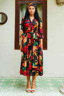 Audrey Dress #7 Shirt Collar 3/4 Sleeve Midi Plus Length Poliamide Taffta (Botanical Ornament)