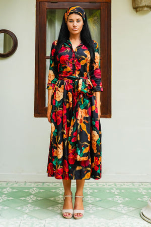 Audrey Dress #7 Shirt Collar 3/4 Sleeve Midi Plus Length Poliamide Taffta (Botanical Ornament)