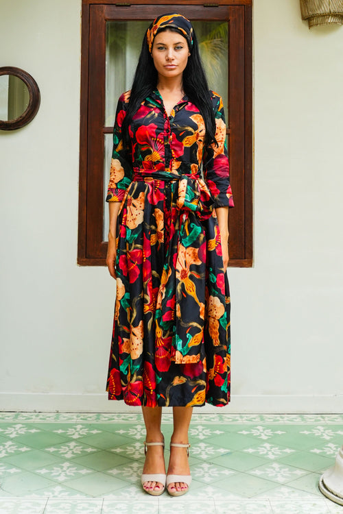 Audrey Dress #7 Shirt Collar 3/4 Sleeve Midi Plus Length Poliamide Taffta (Botanical Ornament)