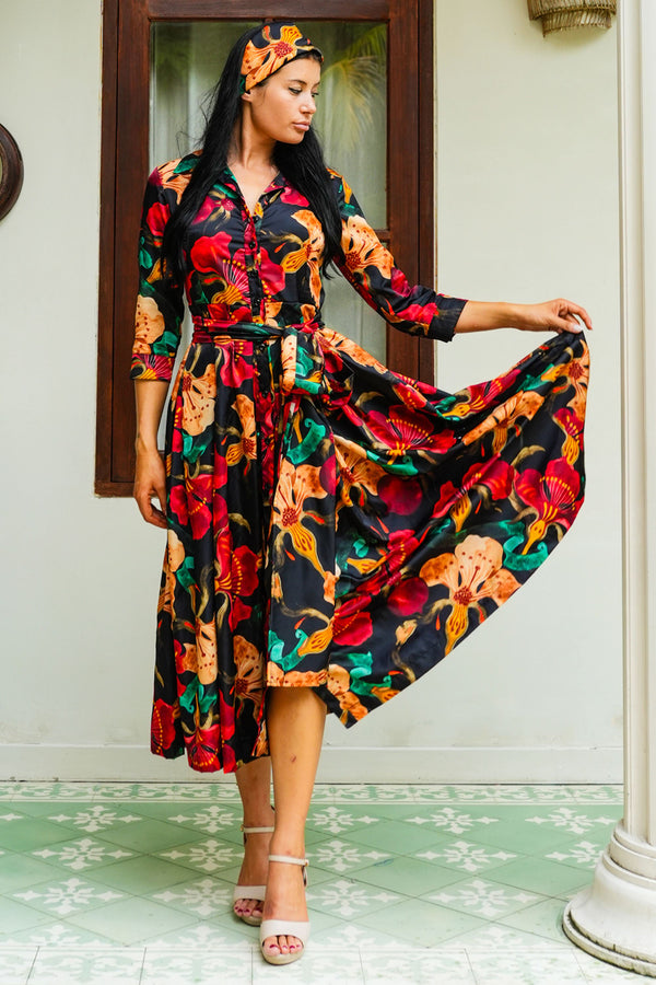 Audrey Dress #7 Shirt Collar 3/4 Sleeve Midi Plus Length Poliamide Taffta (Botanical Ornament)