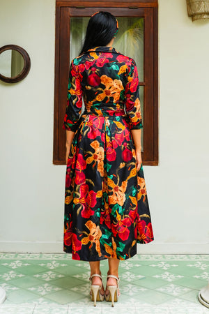 Audrey Dress #7 Shirt Collar 3/4 Sleeve Midi Plus Length Poliamide Taffta (Botanical Ornament)