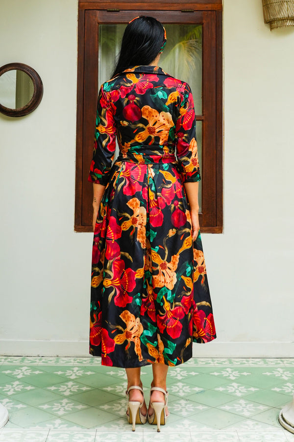 Audrey Dress #7 Shirt Collar 3/4 Sleeve Midi Plus Length Poliamide Taffta (Botanical Ornament)