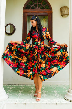 Audrey Dress #7 Shirt Collar 3/4 Sleeve Midi Plus Length Poliamide Taffta (Botanical Ornament)