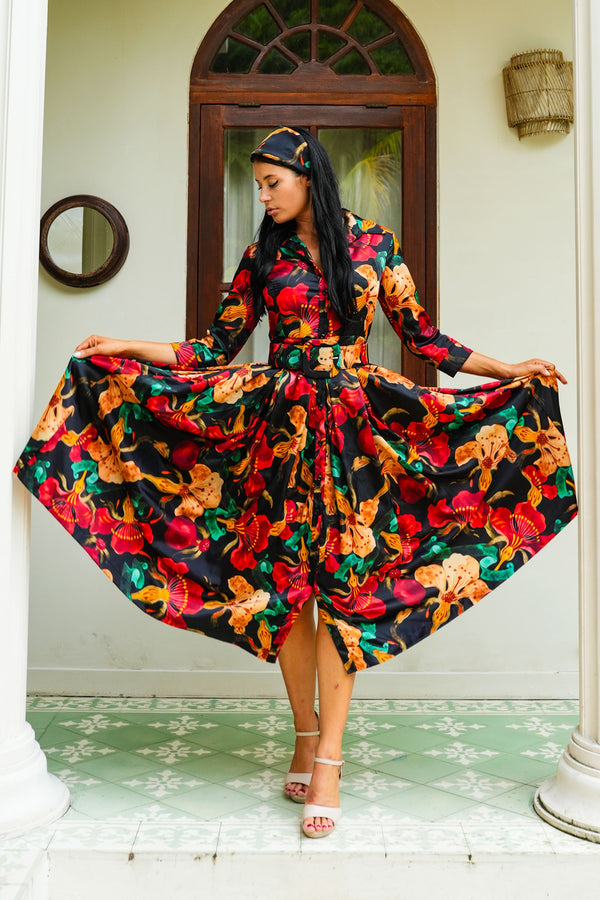 Audrey Dress #7 Shirt Collar 3/4 Sleeve Midi Plus Length Poliamide Taffta (Botanical Ornament)