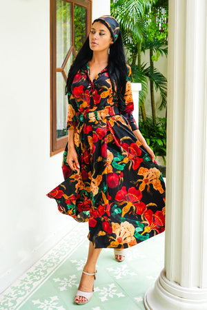 Audrey Dress #7 Shirt Collar 3/4 Sleeve Midi Plus Length Poliamide Taffta (Botanical Ornament)