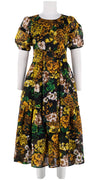 Melanie Dress #2 Boat Neck 1/2 Puff Sleeve Midi Plus Length Linen (Bougainvillea Blossom Small Black)