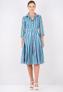 Audrey Dress #4 Shirt Collar 3/4 Sleeve Long Length Cotton Musola (Brentwood Stripe)