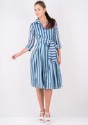 Audrey Dress #4 Shirt Collar 3/4 Sleeve Long Length Cotton Musola (Brentwood Stripe)