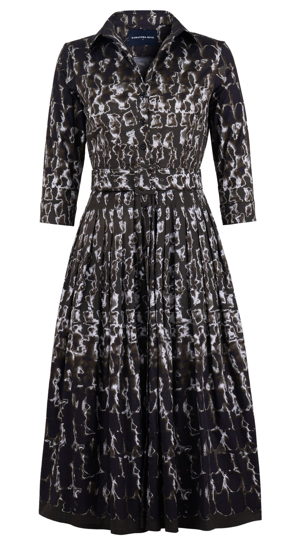 Audrey Dress #2 Shirt Collar 3/4 Sleeve Midi Length Cotton Stretch (Brush Degrade Multi)
