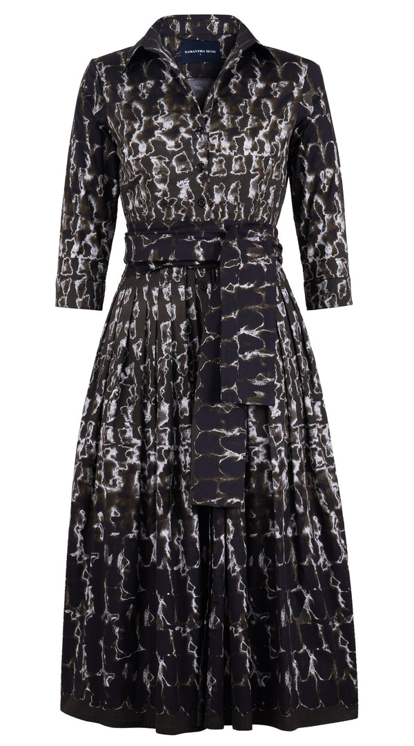 Audrey Dress #2 Shirt Collar 3/4 Sleeve Midi Length Cotton Stretch (Brush Degrade Multi)