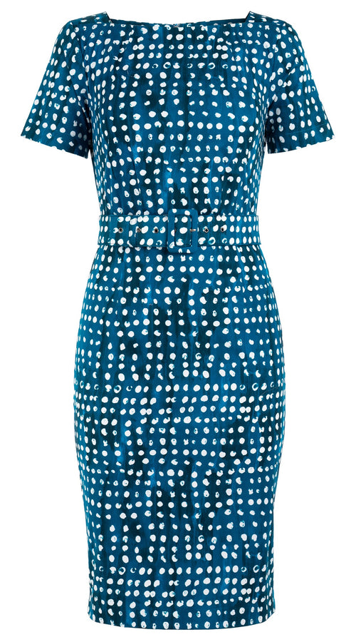 Celine Dress High Boat Neck Short Sleeve Cotton Dobby Stretch (Brushed Dots Small)