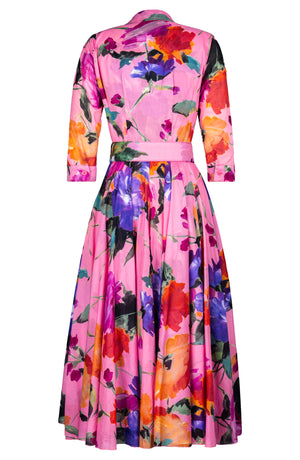 Aster Dress Shirt Collar 3/4 Sleeve Midi Plus Length Cotton Musola (Brushstroke Blossoms)