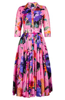 Aster Dress Shirt Collar 3/4 Sleeve Midi Plus Length Cotton Musola (Brushstroke Blossoms)