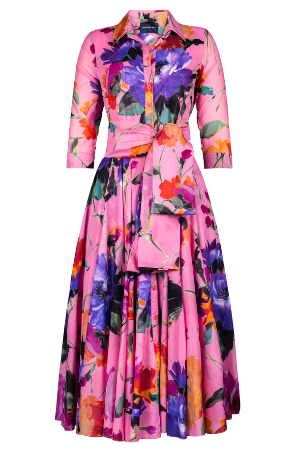 Aster Dress Shirt Collar 3/4 Sleeve Midi Plus Length Cotton Musola (Brushstroke Blossoms)