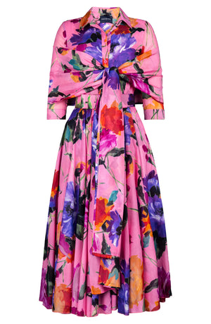 Aster Dress Shirt Collar 3/4 Sleeve Midi Plus Length Cotton Musola (Brushstroke Blossoms)