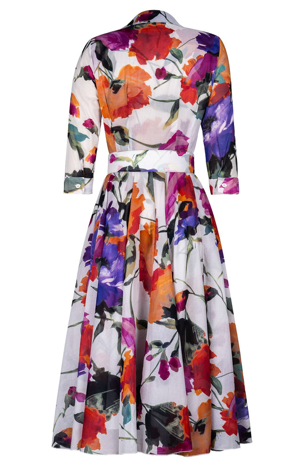 Aster Dress Shirt Collar 3/4 Sleeve Midi Length Cotton Musola (Brushstroke Blossoms)