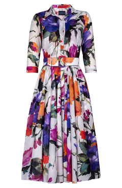 Aster Dress Shirt Collar 3/4 Sleeve Midi Length Cotton Musola (Brushstroke Blossoms)