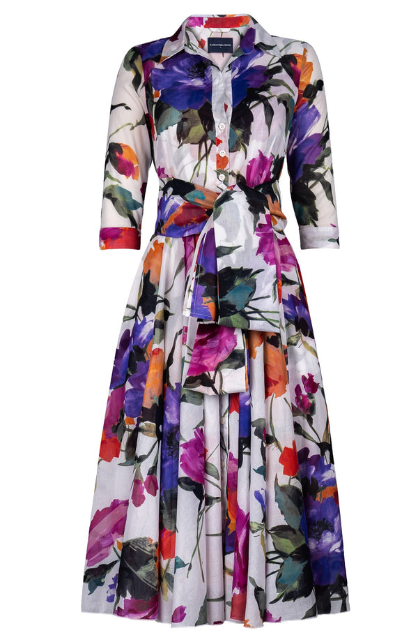 Aster Dress Shirt Collar 3/4 Sleeve Midi Length Cotton Musola (Brushstroke Blossoms)